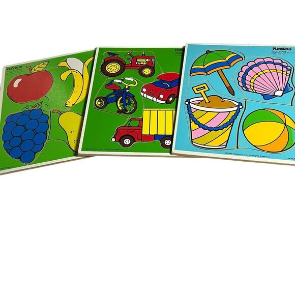 Vintage Playskool Wooden Puzzle Lot Of 3 Fruits 180-06 Wheel 180-04 Beach 180-14 - Picture 1 of 10